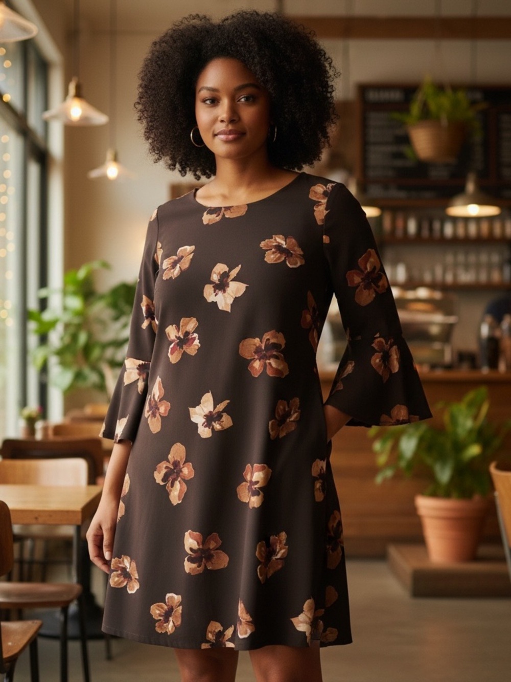 Tommy Hilfiger Women’s Floral A-Line Dress in Brown with bell sleeves